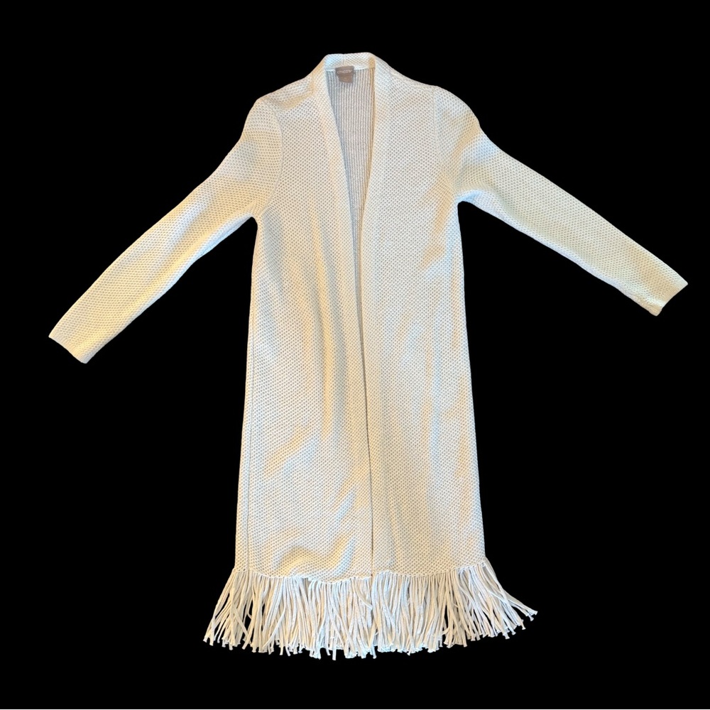 Chico’s Long Sleeved Full Length Fringed Cardigan In White Size Small - Picture 1 of 5